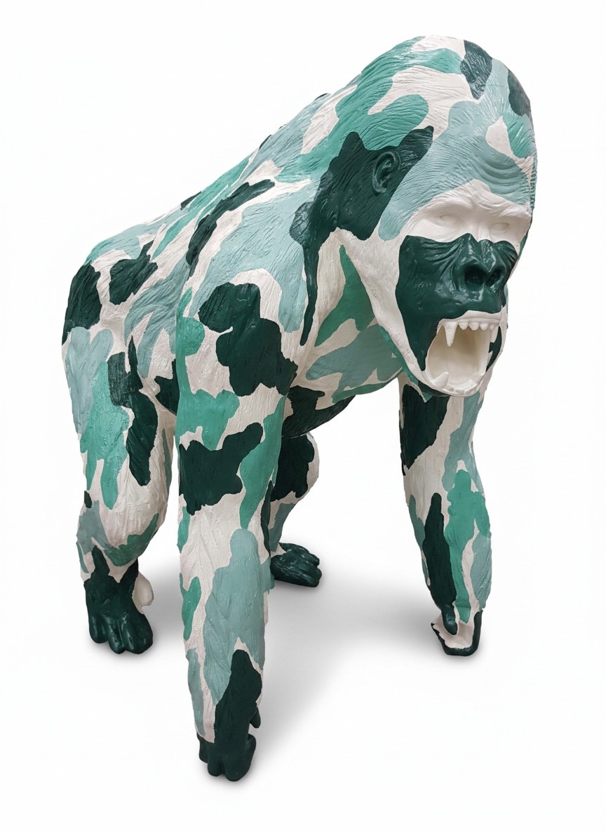Decorative abstract sculpture designed as a multi-green colored angry gorilla 130cm (A679)
