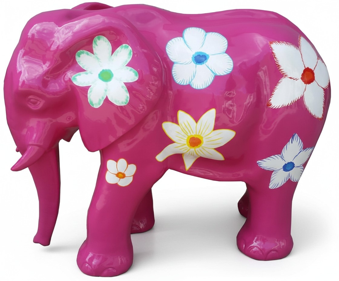 Abstract decorative sculpture designed as gloss pink colored elephant with flowers A524C