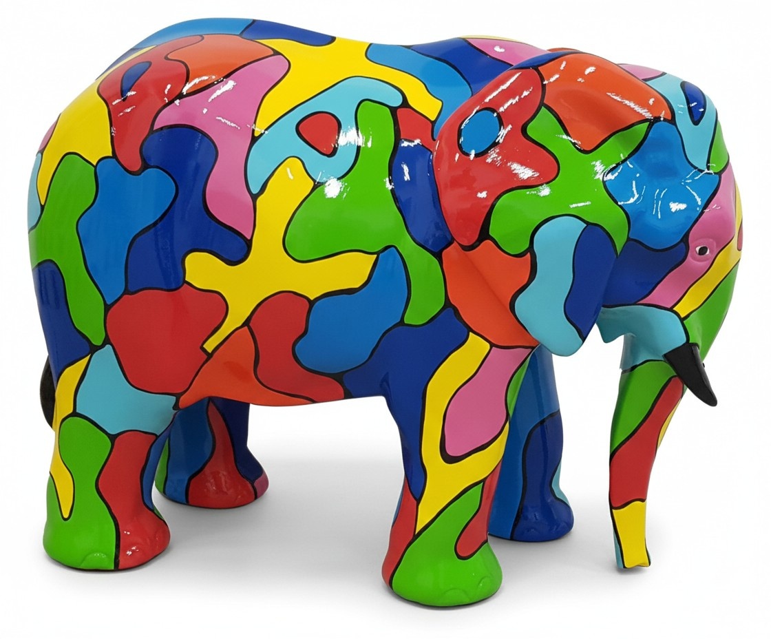 Abstract decorative sculpture designed as gloss elephant in colorful puzzle patterns A524D