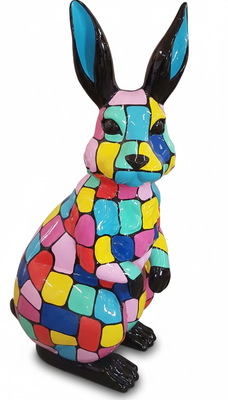 Abstract decorative sculpture designed as a standing gloss rabbit with colorful puzzle patterns 110cm