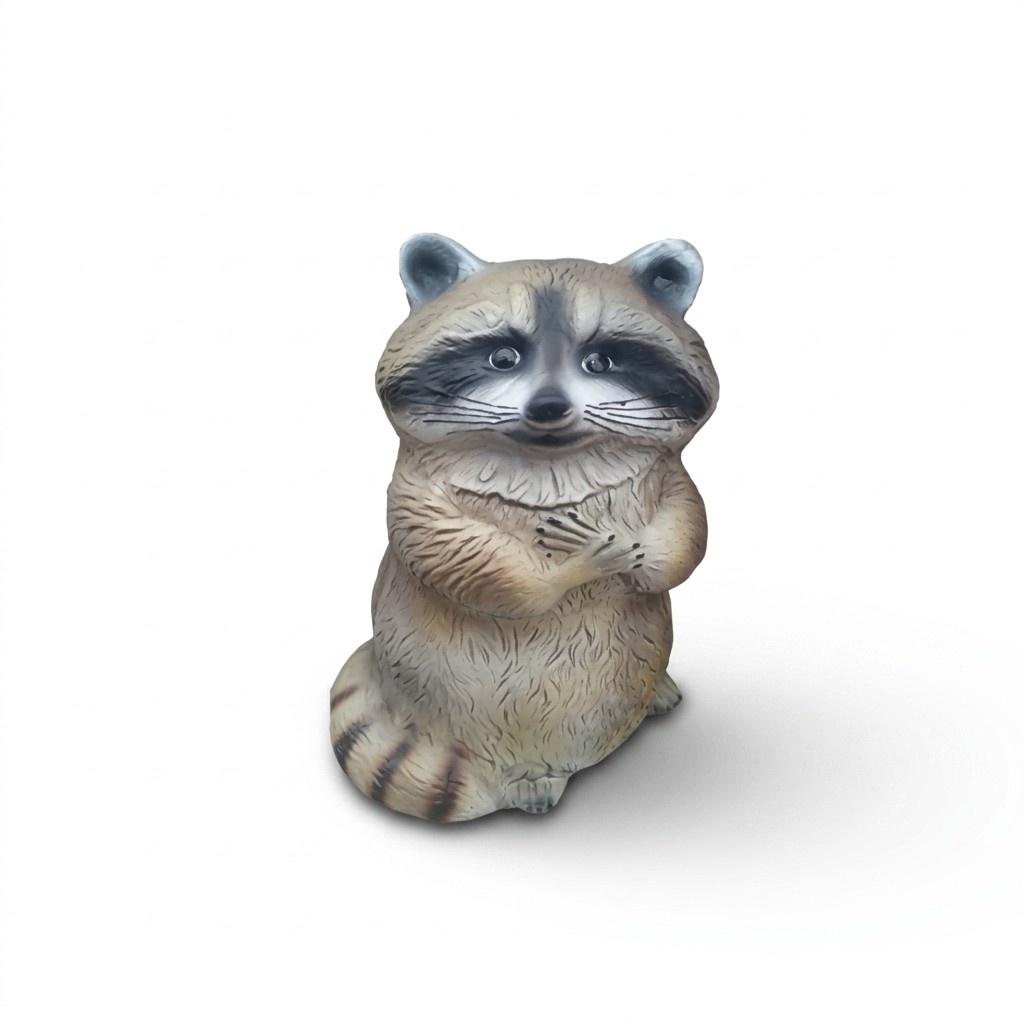 Natural colored motley dark grey decorative sculpture of standing raccoon with hands clasped on chest 40cm