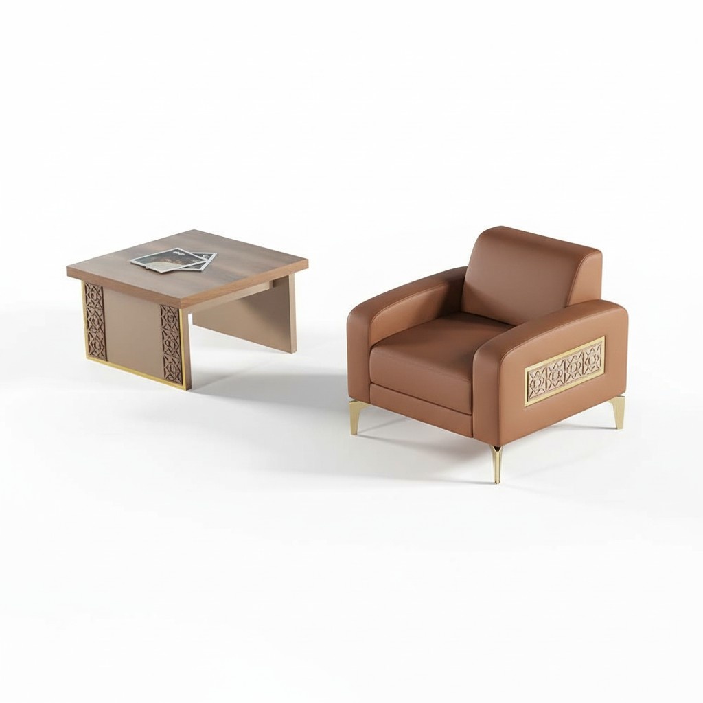 Armchair Coffee Table Set Brown Armchair Square Leather Wood 1-Seater