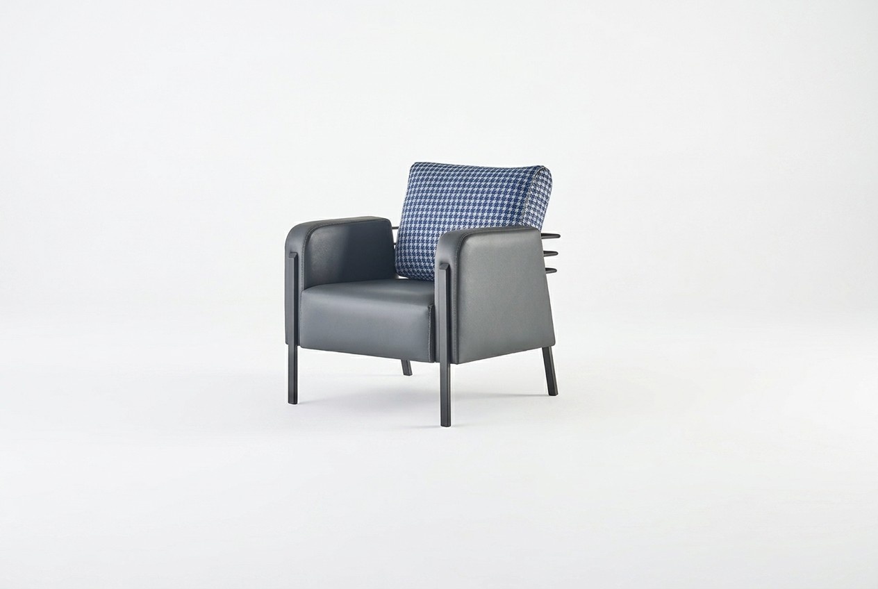 Armchair Gray Blue Upholstered Cushion Leather Textile Modern Stainless Steel 1-Seater