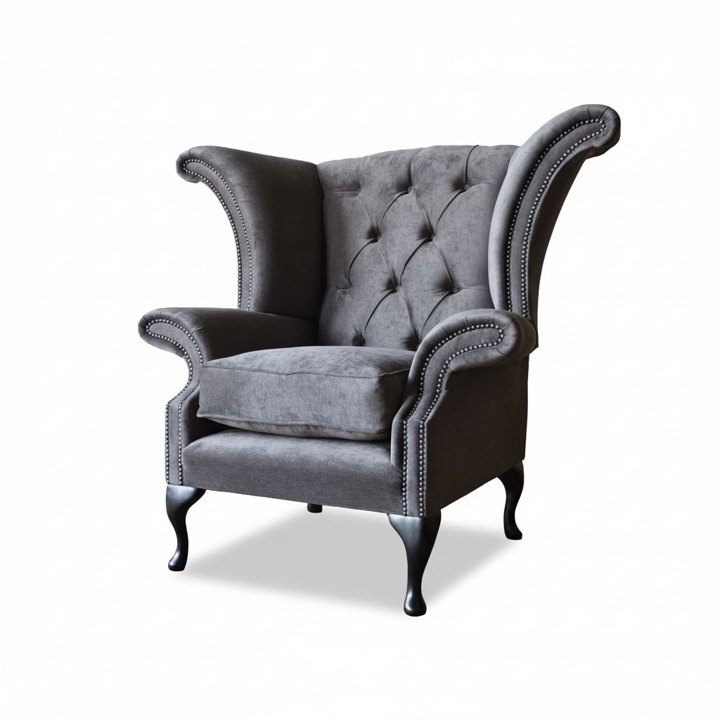 Armchair Wing Chair Chesterfield Fabric Living Room Polyester Design Grey