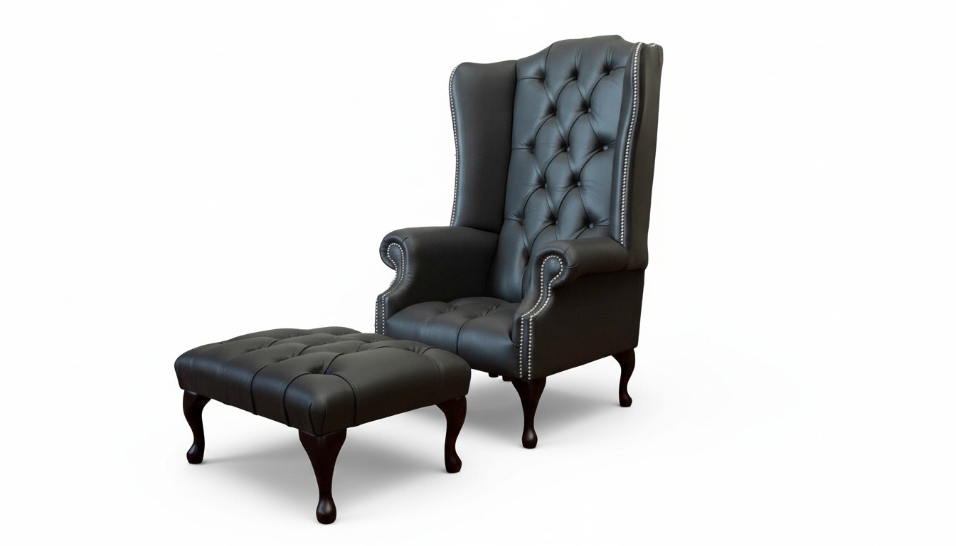 Armchair with Stool Designer Upholstered Armchair Chesterfield Wing Chair