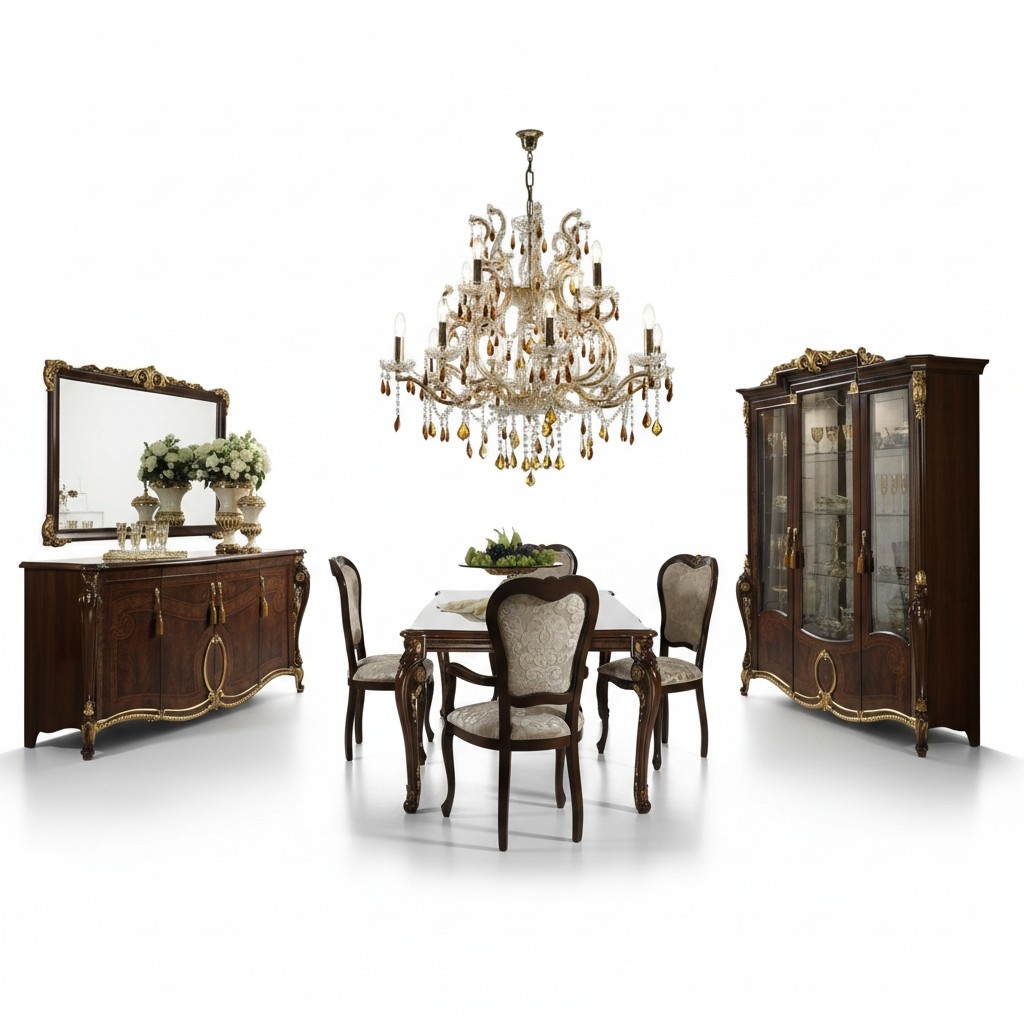 Dining room set of 4x armchairs, dining table, 3-glass door showcase & 4-doors sideboard in antique style italian furniture arredoclassic™