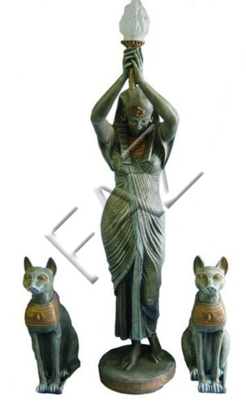 Deco light figure designed as an ancient egyptian lady with a lamp & two cats 180cm