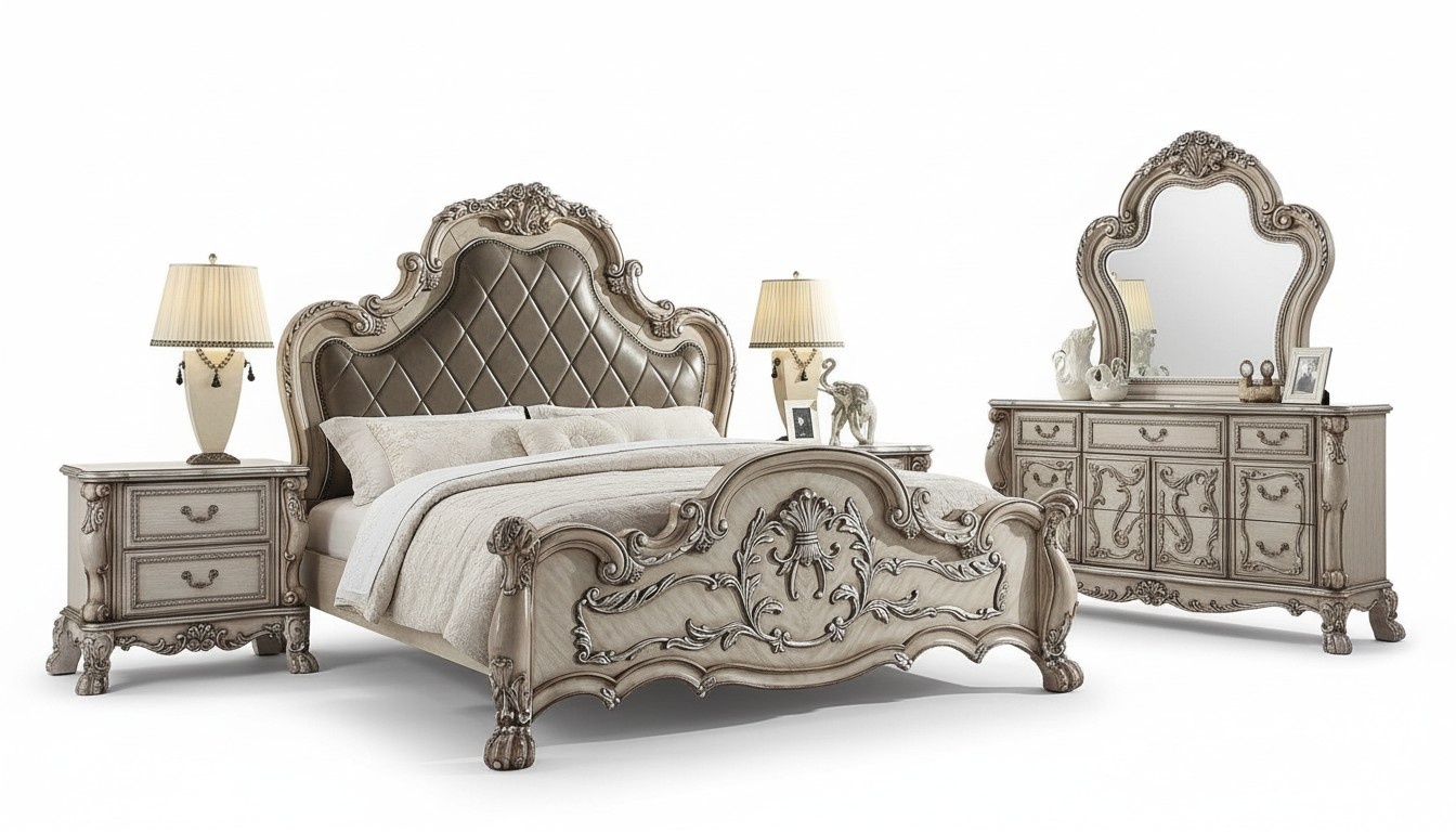 Baroque bed 2x bedside tables 3 pieces bedroom set design luxury bedroom