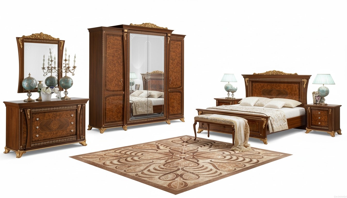 Baroque rococo luxury set of beds, bedside table, wardrobe, 7-piece bedroom