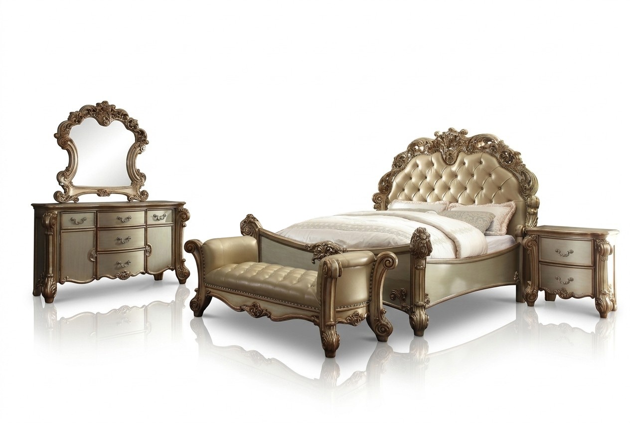 Classic baroque style chesterfield design bedroom set of double bed & 2x-bedside tables