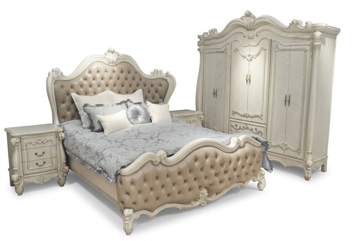 Baroque style made of real wooden bedroom set of chesterfield design double bed & 2x-bedside tables