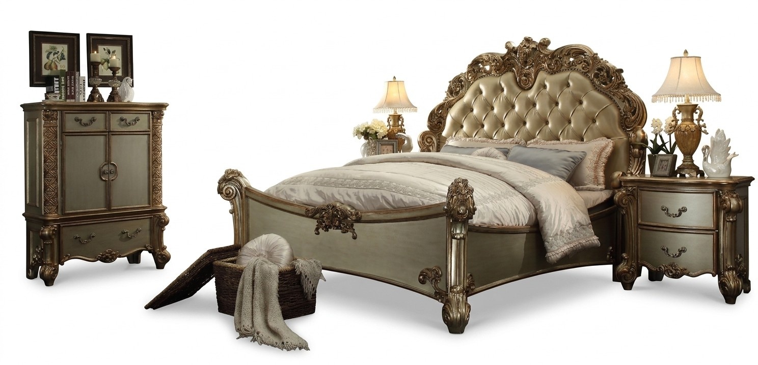 Classic baroque style chesterfield design set of double bed & 2x bedside tables