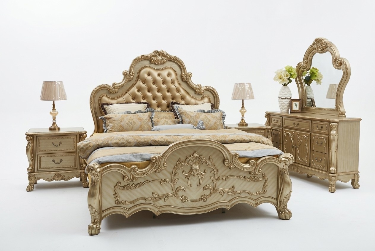 Baroque style made of real wooden bedroom set of chestefield double bed & 2x-bedside tables