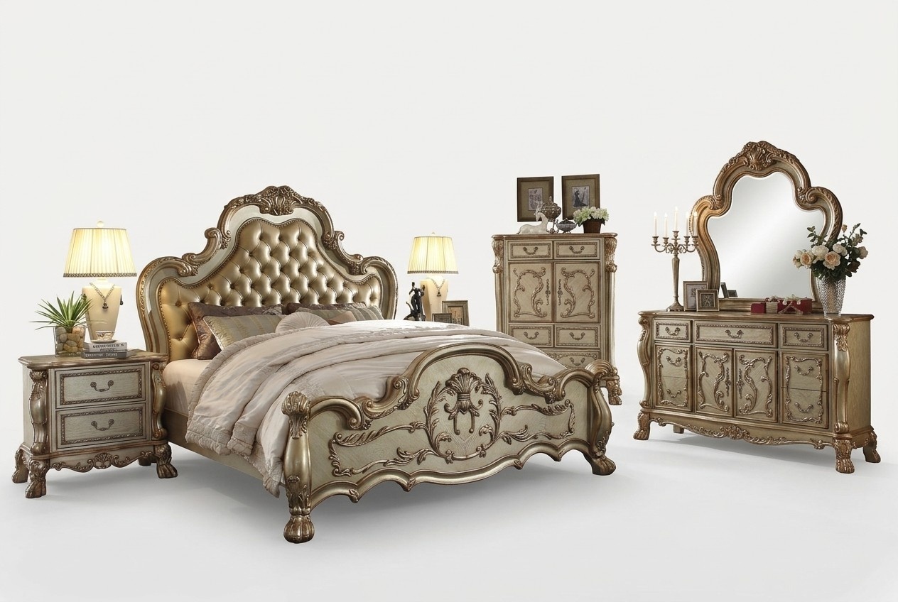 Baroque style bedroom set of chesterfield design double bed & 2x-bedside tables