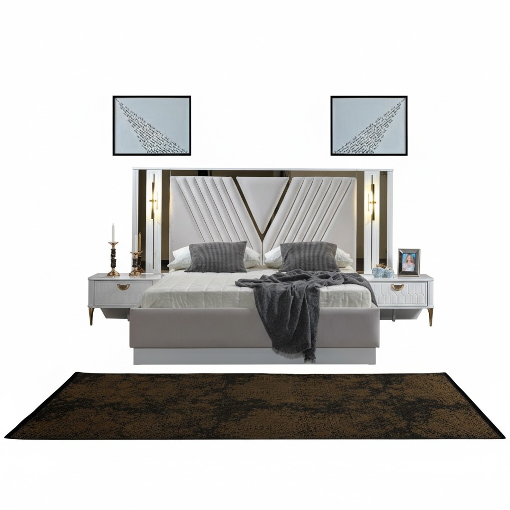 Bed 2X bedside table bedroom double luxury white design new modern