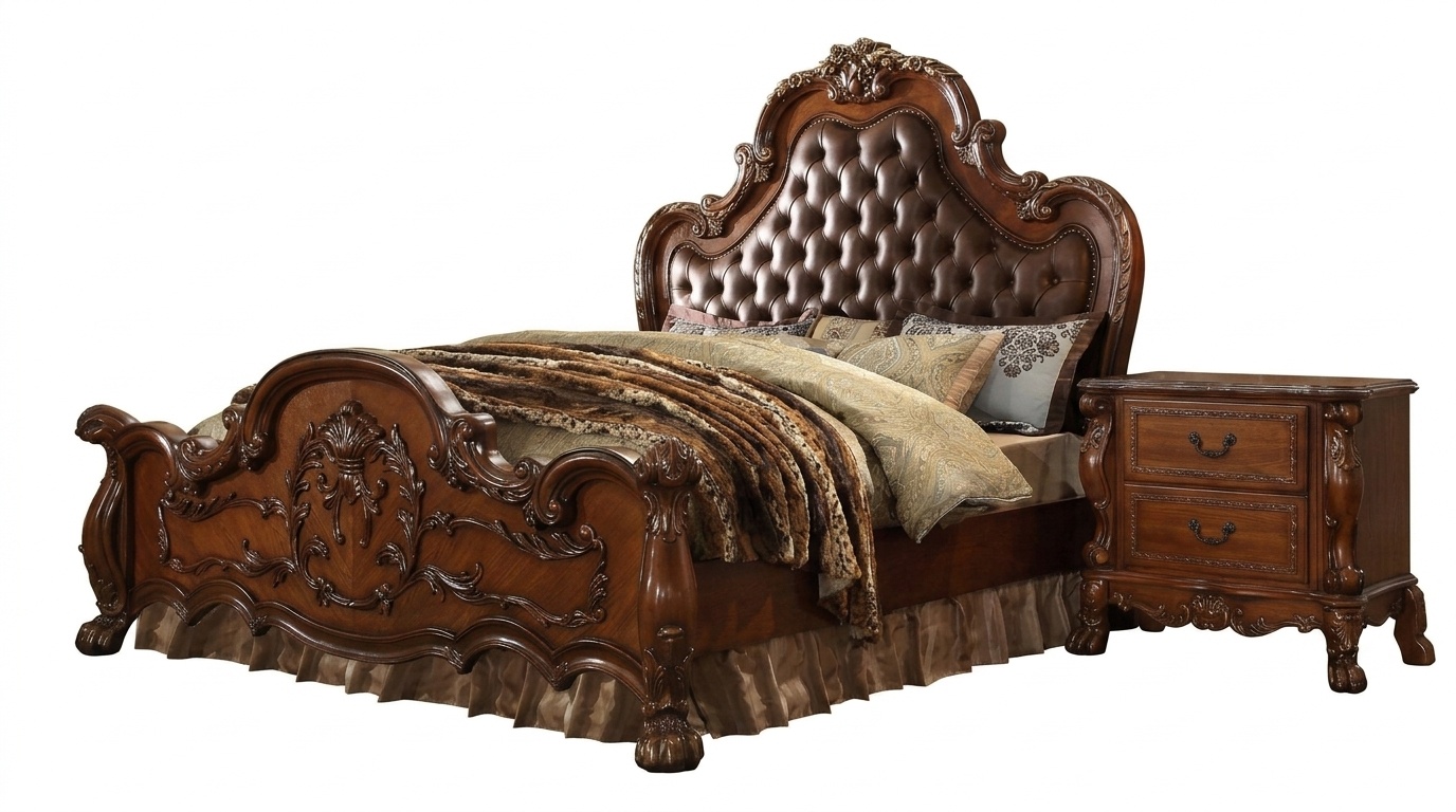 Baroque style bedroom set of chesterfield design double bed & 2x-bedside tables