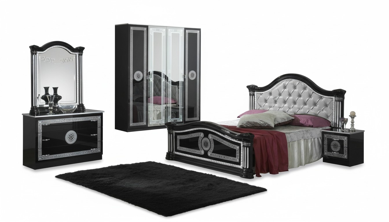 Empire style gloss bedroom set of massive double bed & 2x-bedside tables made of real wooden