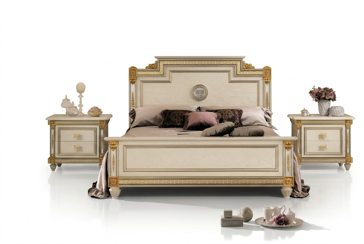 Bed + 2x bedside table 3 piece bedroom set designer luxury bedroom baroque