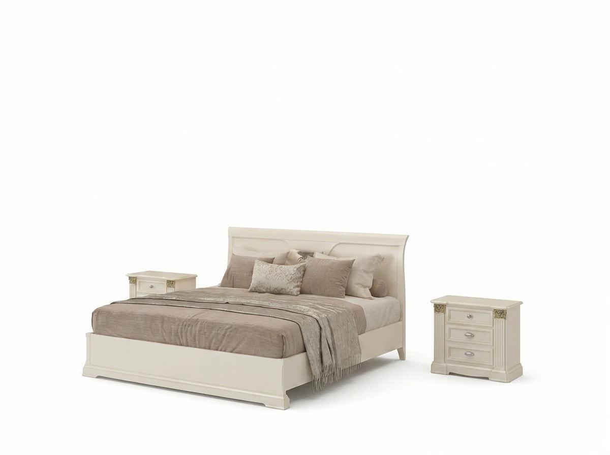 Classic style bedroom set of massive marriage double bed & 2x-bedside tables made of real wooden frame