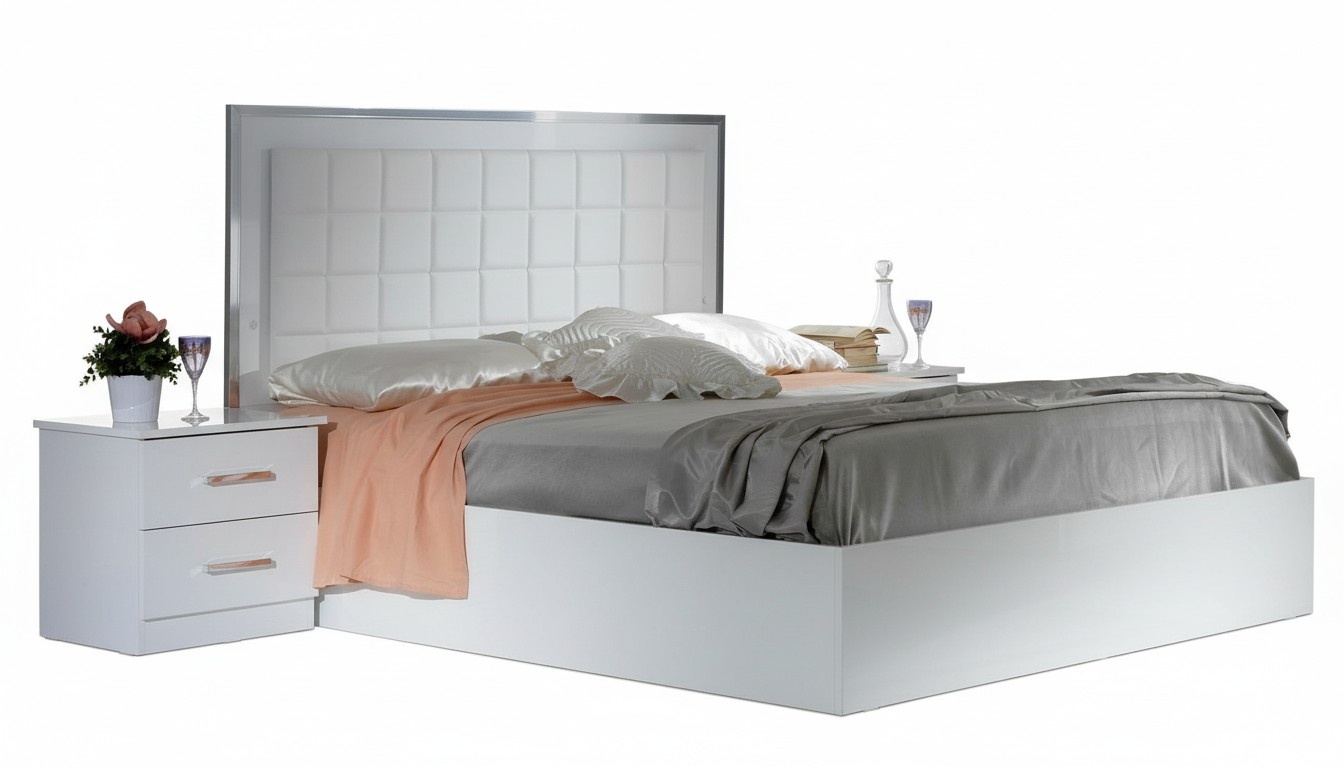 Modern style made of real wooden bedroom set of double bed & 2x-bedside tables in white