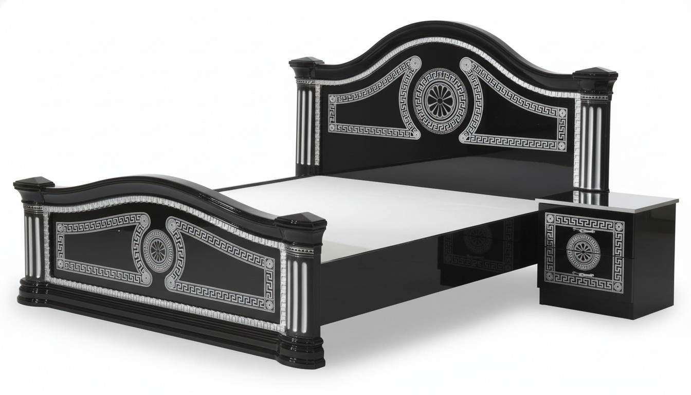 Bedroom set of gloss empire style massive double bed & 2x-bedside tables made of real wooden frame