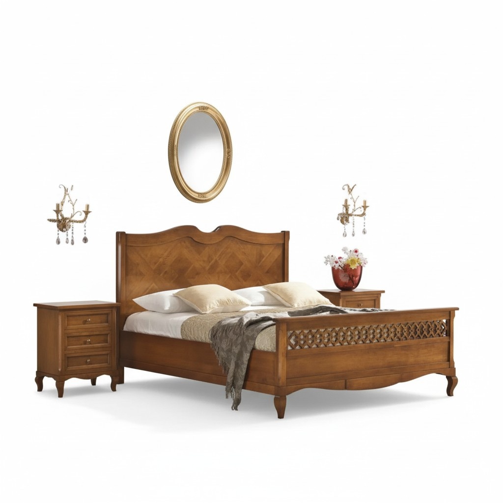 Bed 2x Bedside Tables 3pcs. Italian Furniture Bedroom Wood New Set