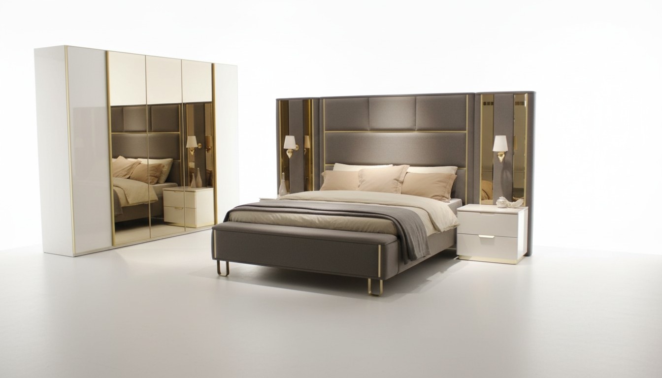 Bed 2x bedside tables 3pcs. bedroom double bed design furniture wood new set