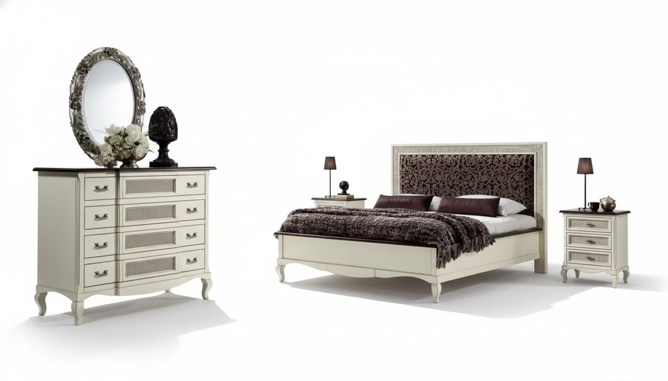 Bed 2x Bedside Tables 5pcs Italian Furniture Bedroom Chest of Drawers Wood