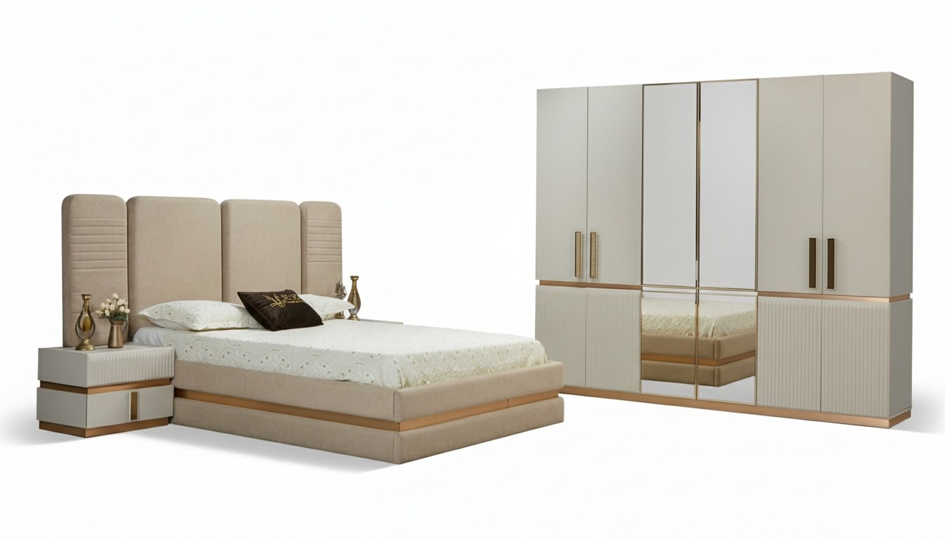 Bed 2x bedside tables wardrobe 4-piece bedroom set design luxury