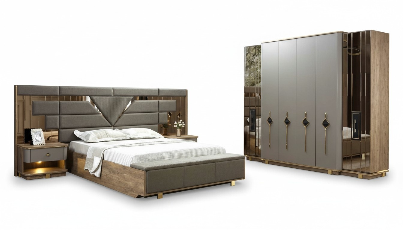 Bed 2x bedside tables wardrobe 4 pcs. bedroom set furniture Luxury