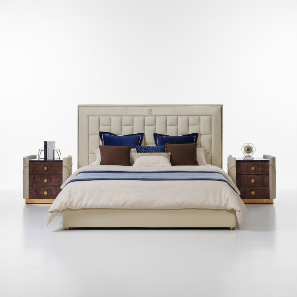 Bed Bedroom Design Bedside Tables Luxury Furniture 3pcs Set Leather New