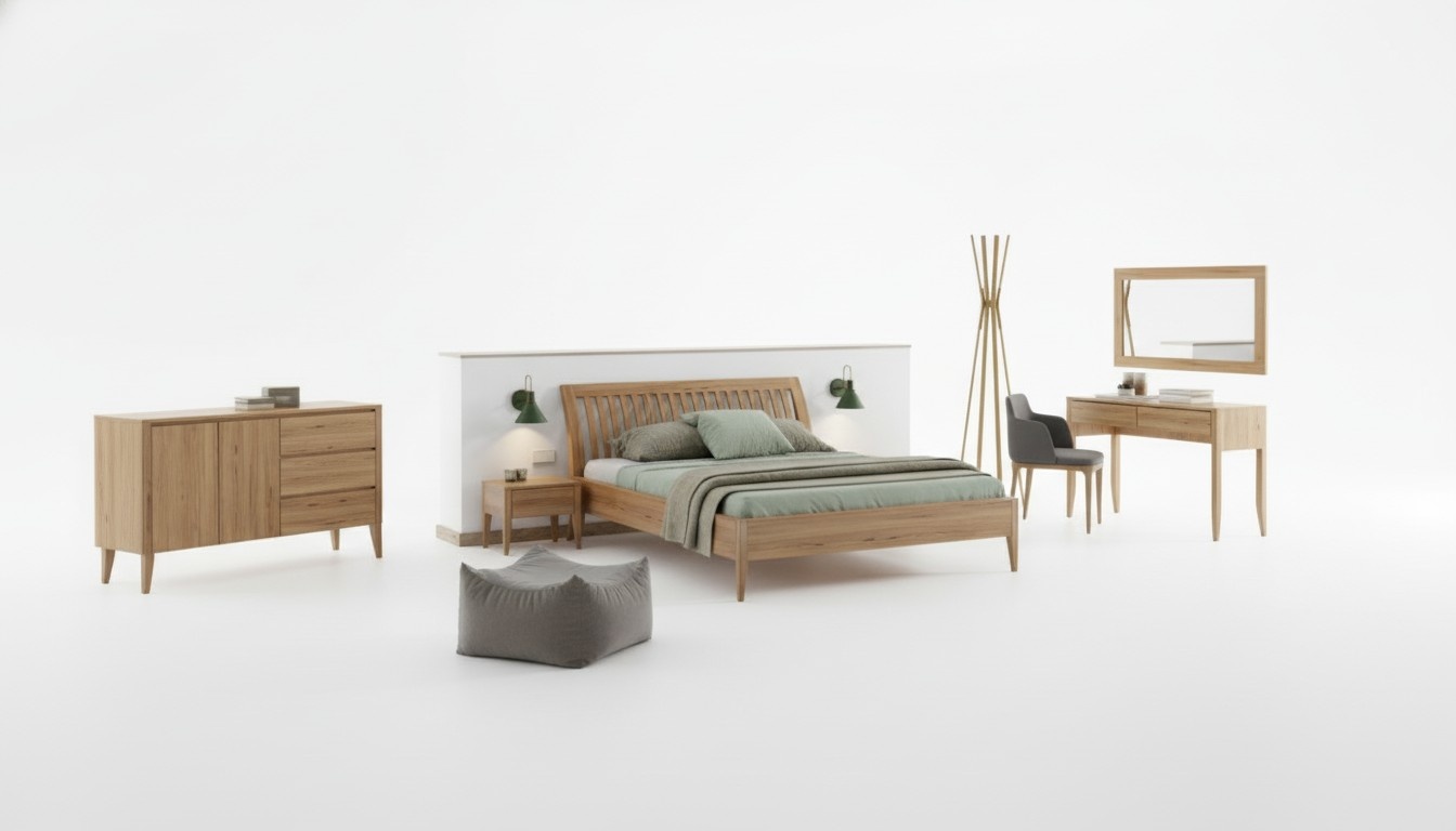 bed bedroom double beds 3 pcs. Set 2x bedside tables Solid wood Real wood