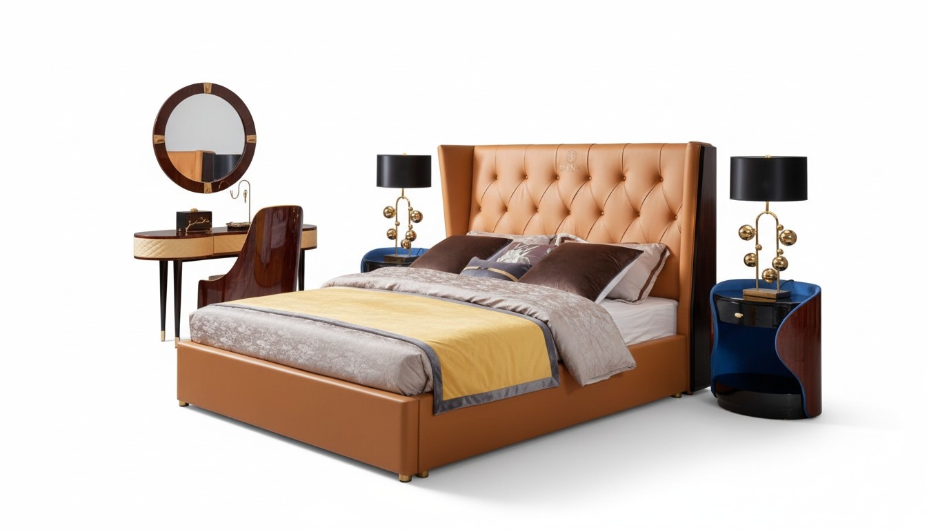 Bed Bedroom Furniture 6pcs Leather Complete Set Design Luxury Beds Nightstand