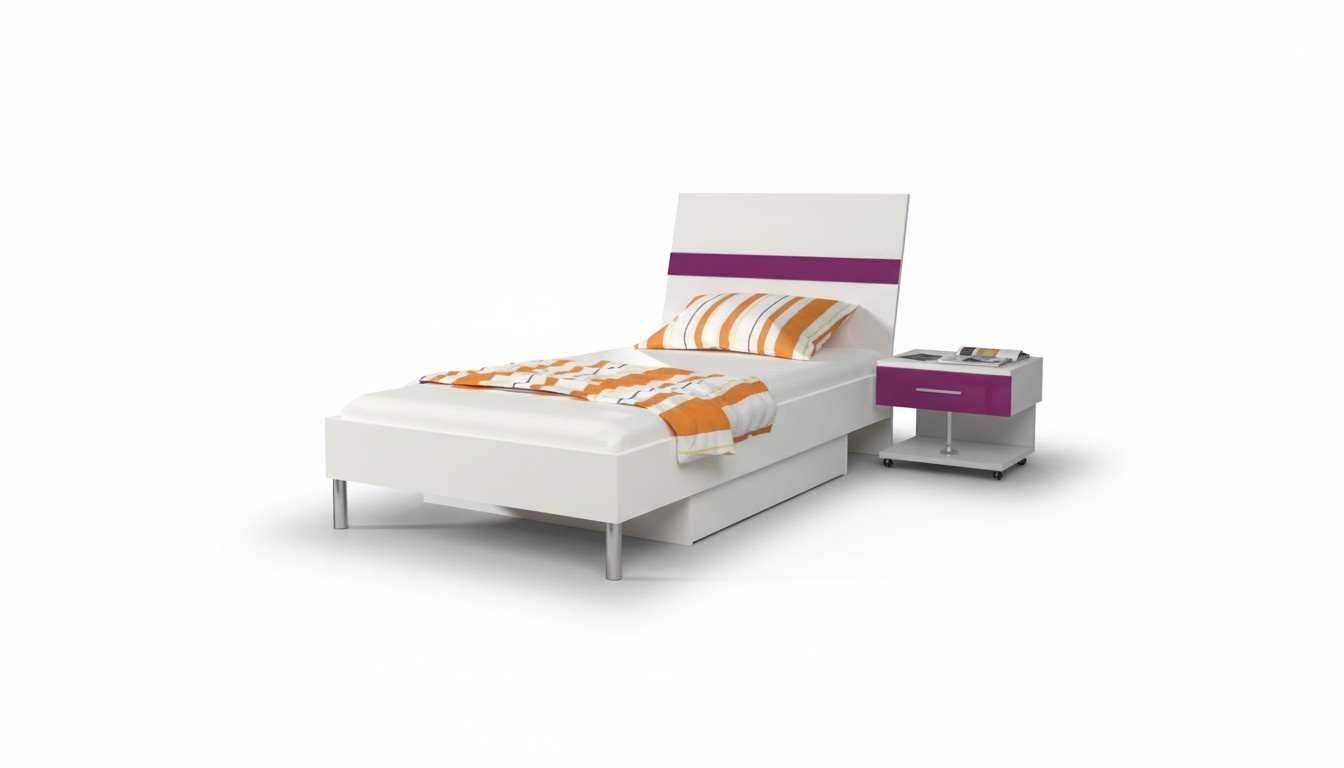 Bed + bedside table bedroom youth room children\'s room set furniture purple 2 pieces.