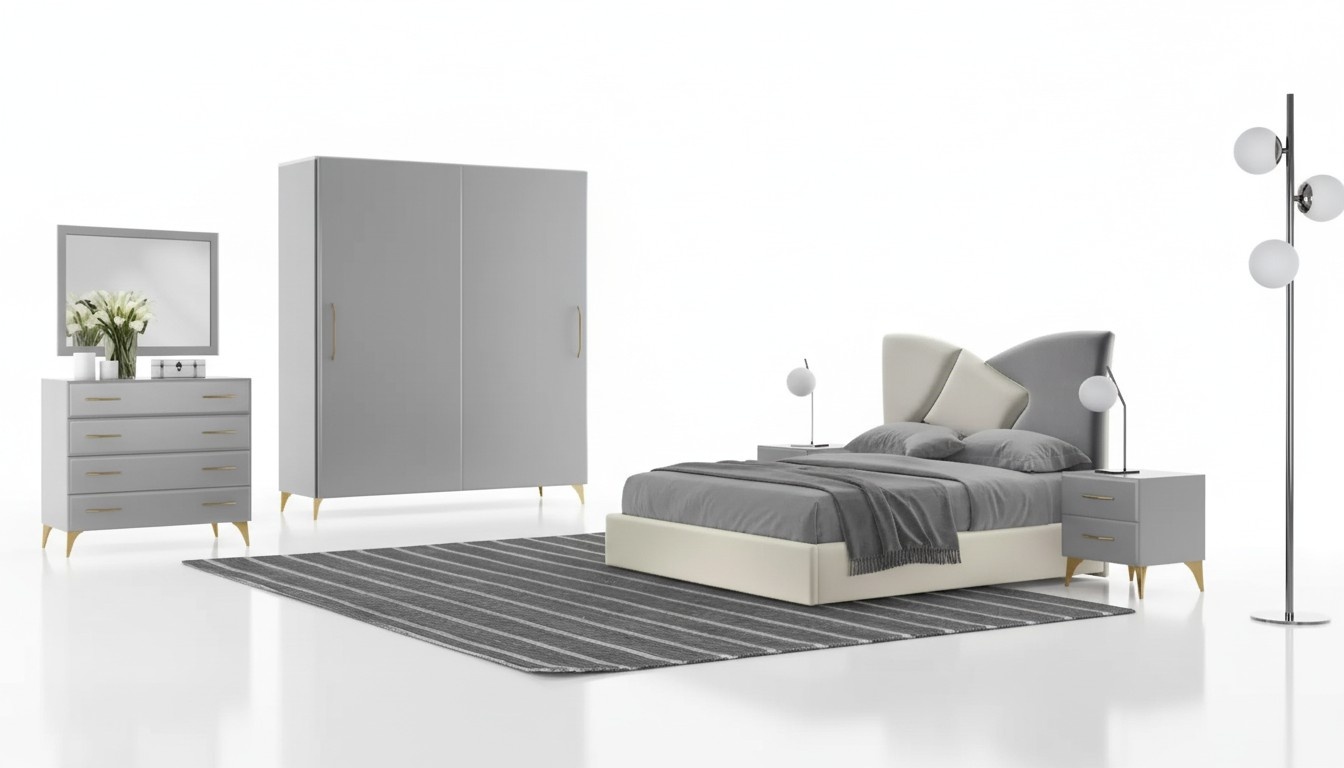 Bed bedside table wardrobe chest of drawers 6 pieces. Design bedroom set