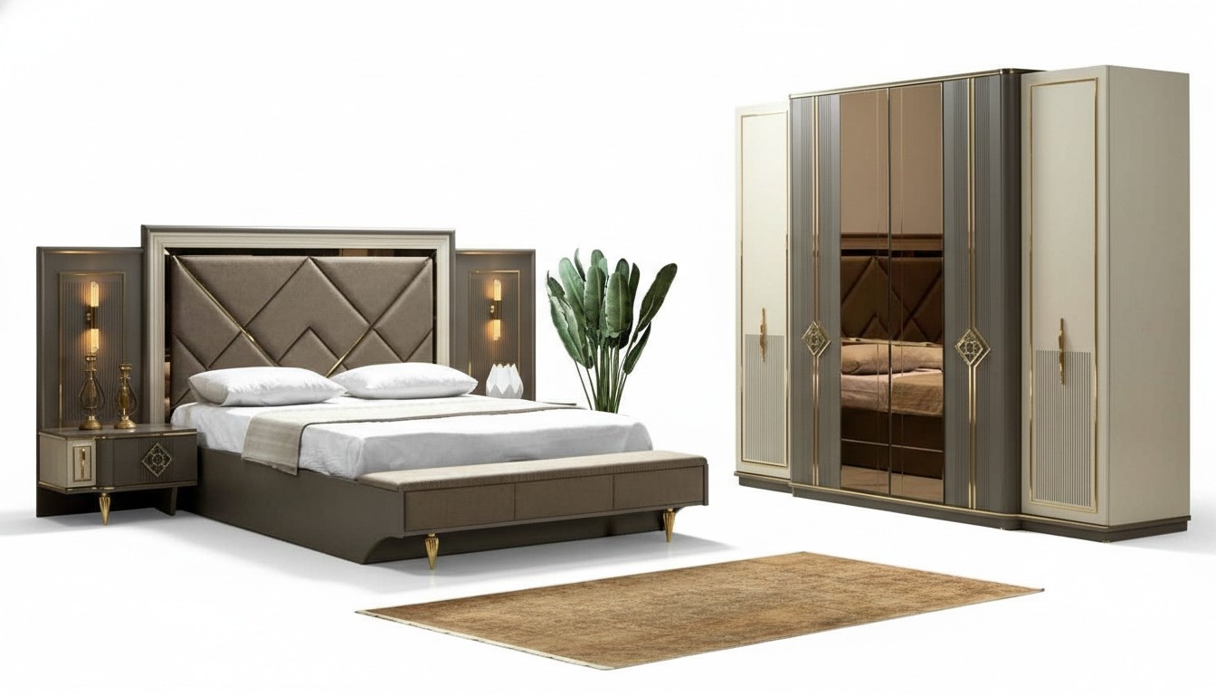 Bed bedside table wardrobe luxury 4 piece bedroom set design new