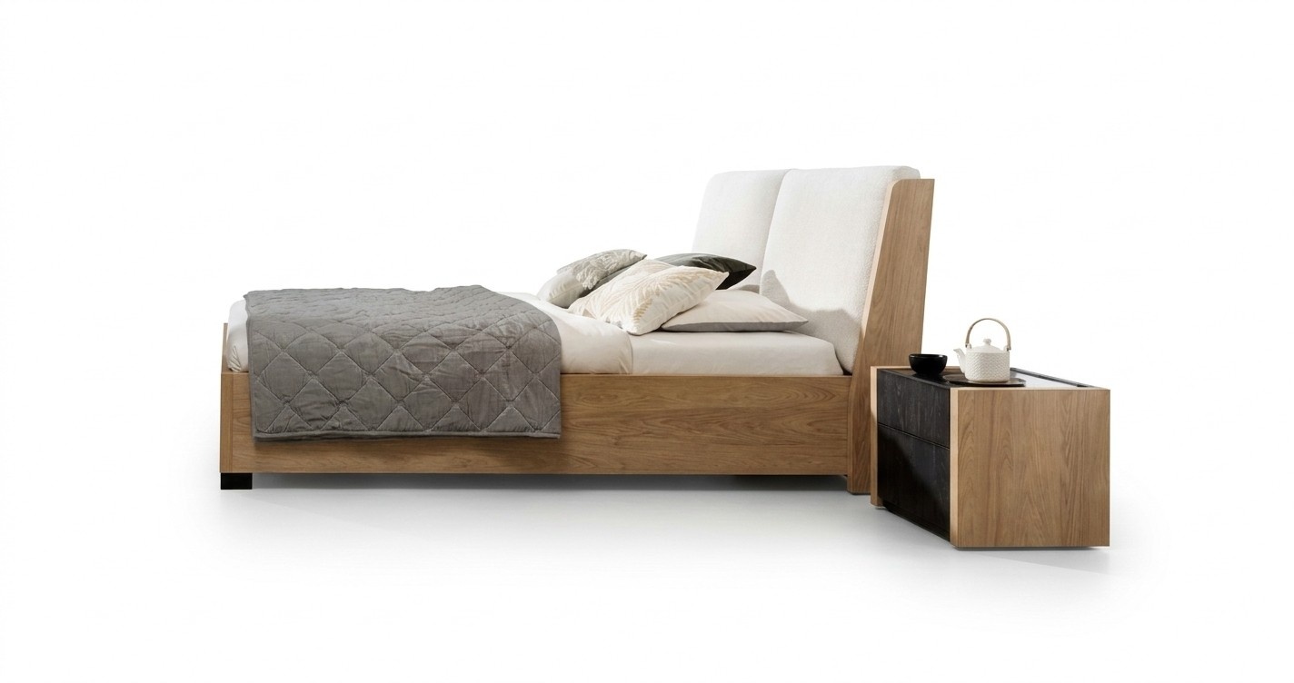 Bed Beige Wood Design Modern Bedroom Double Beds Elegant Furniture New