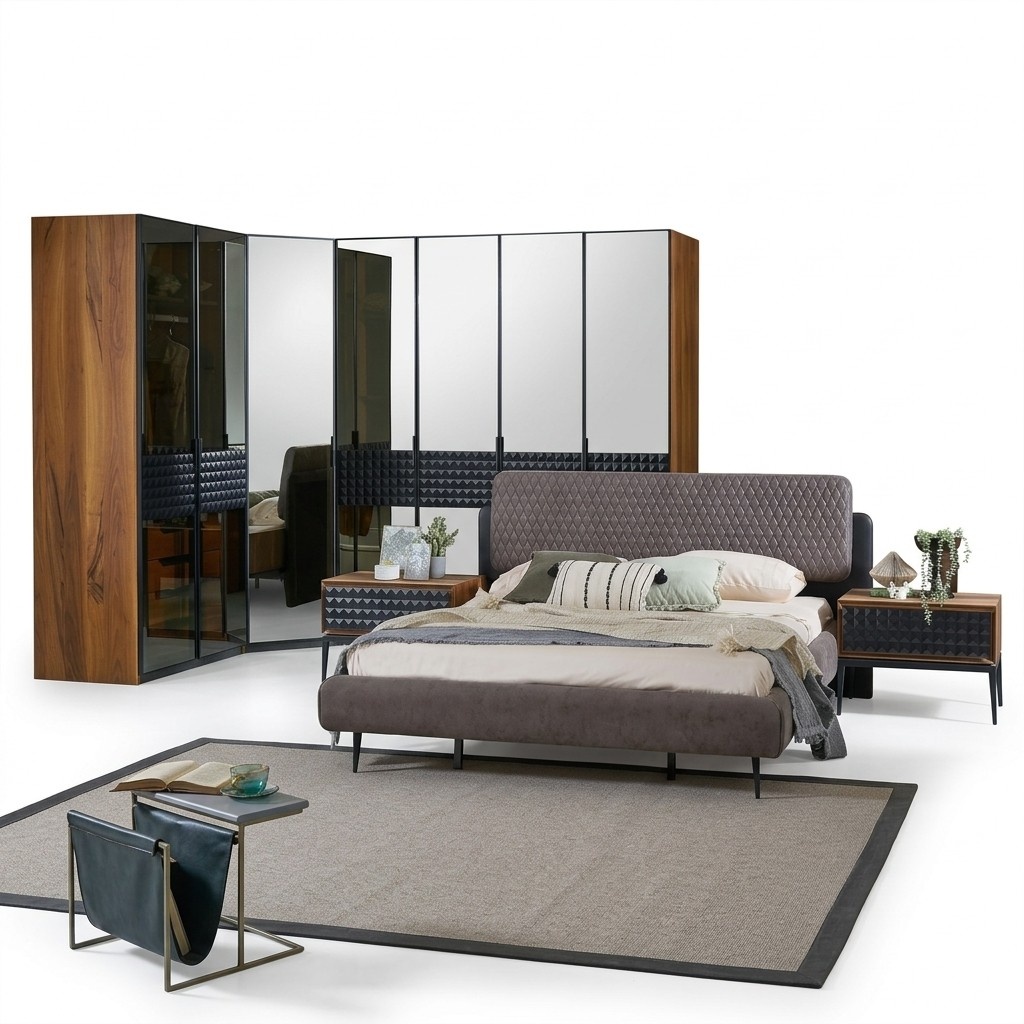 Bed design bedroom double bed brown wooden bed frame set 4 pieces