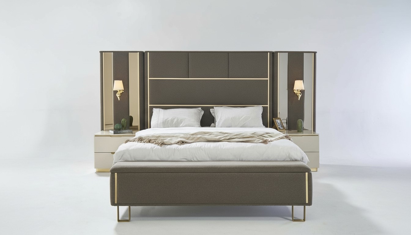 Bed Double Bed 2x Bedside Tables Wood Design Beds Bedroom Cushions 3 Piece Set