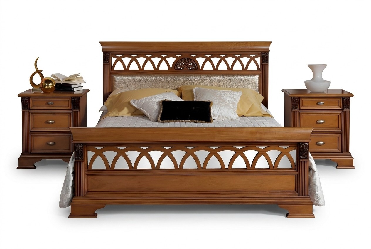 Country style classic bedroom set of made of real wood massive double bed for marriage couple & 2x-bedside tables