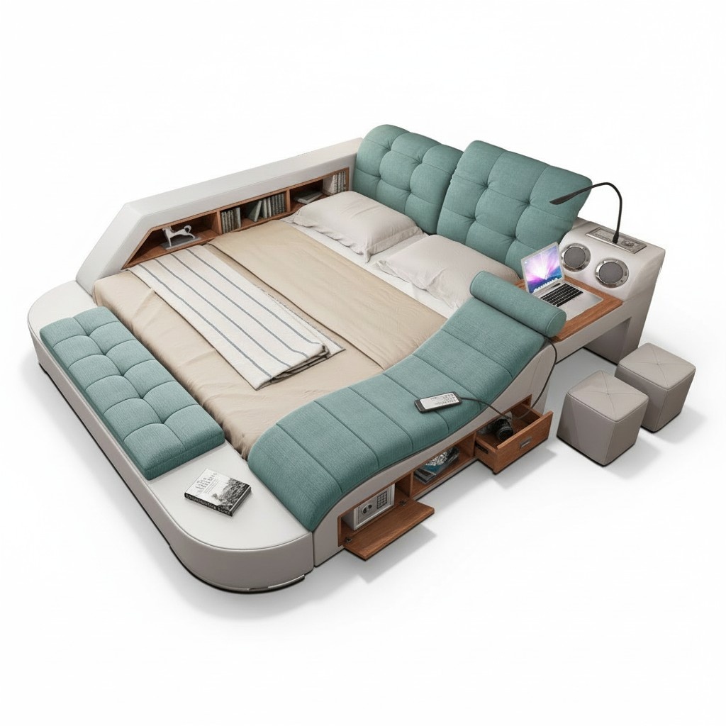 Bed Double Leather Upholstery Beds Multifunction with Massage Function New Shelves