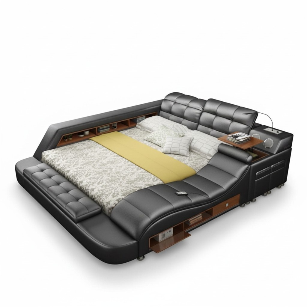 Bed Double Shelves Leather Upholstery Beds Multifunction with Massage Function New