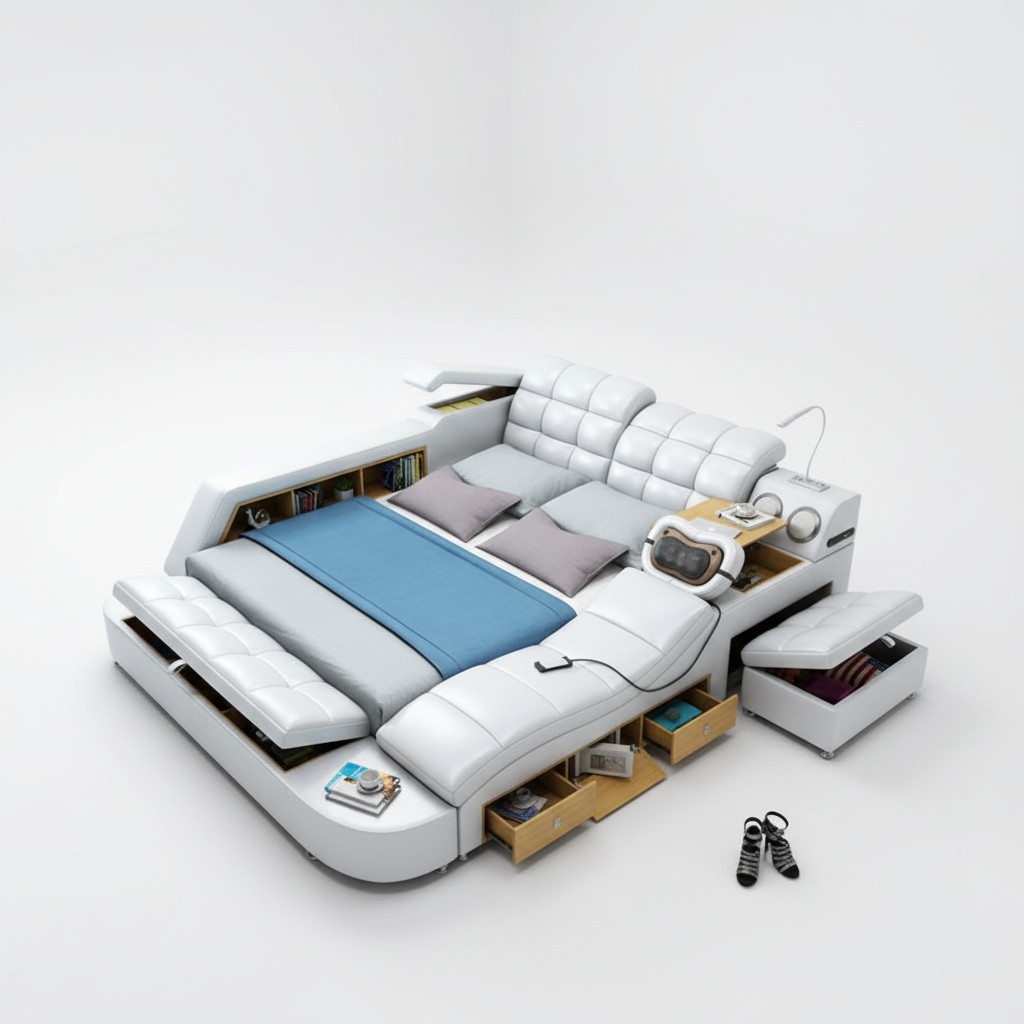 Bed Double Shelves Leather Upholstery Beds Multifunction with Massage Function New