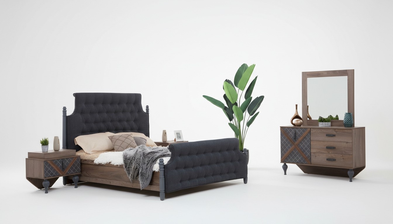 Bed Nightstand Chest of Drawers with Mirror Bedroom Chesterfield 4 pcs.