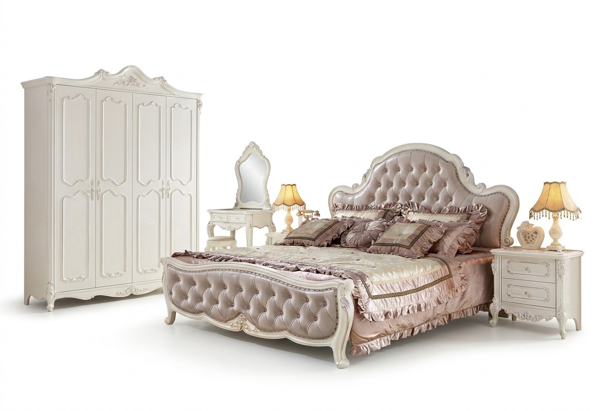 Bed nightstand dressing table bedroom stool design luxury set beds 6 pcs. real wood