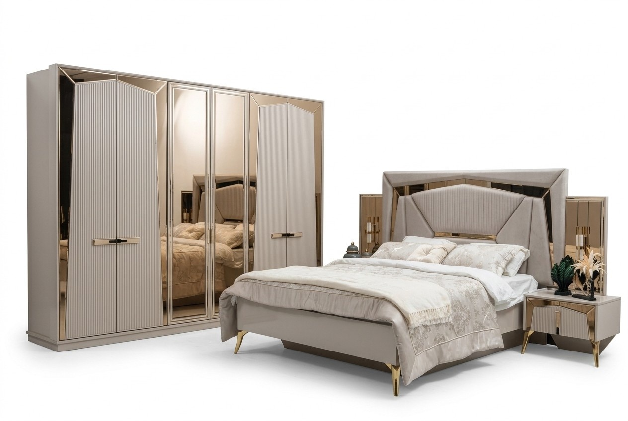 Bed Nightstands Wardrobe Mirror Door Beige Gold Bedroom Set 4-piece.