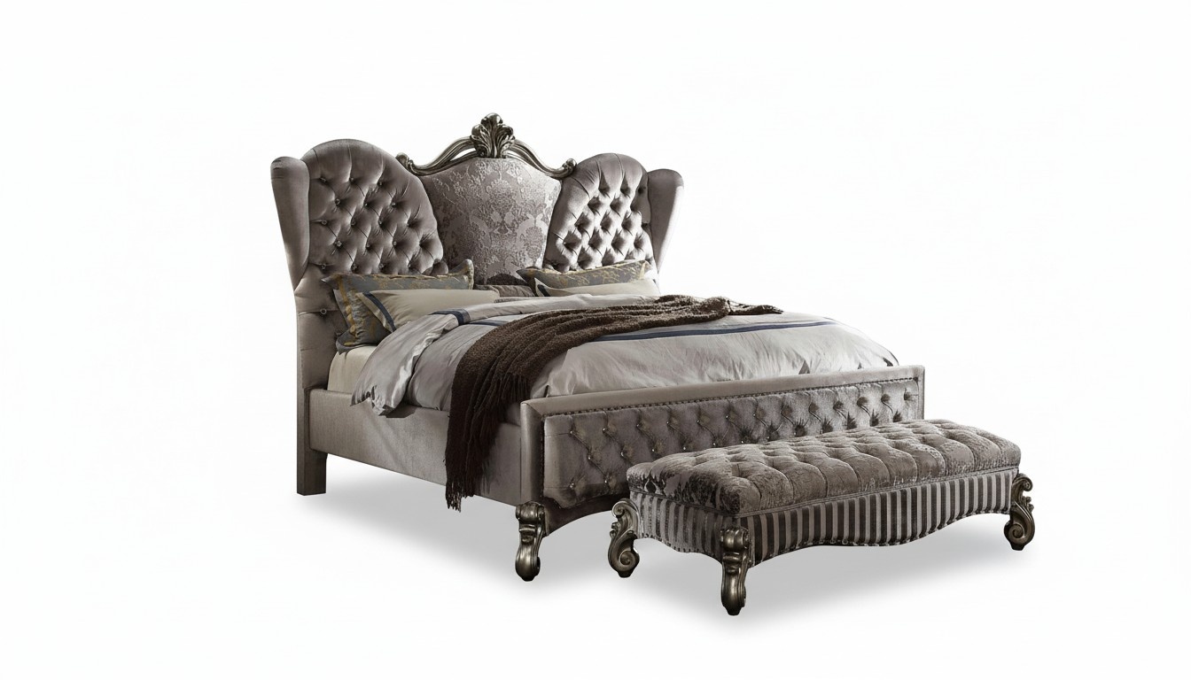 Classic baroque style chesterfield design massive double bed made of real wooden frame