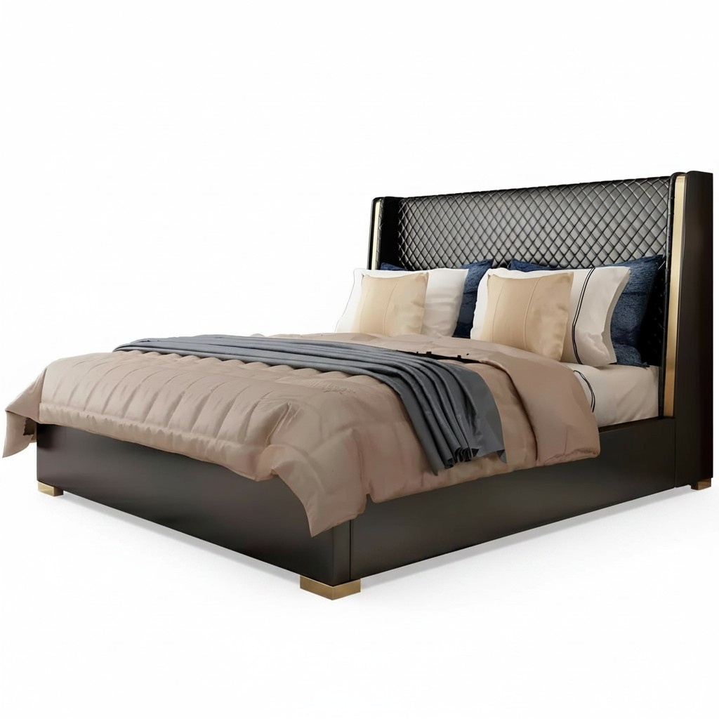 Luxury design massive double bed in modern style leather upholstered for marriage couple 180x200cm