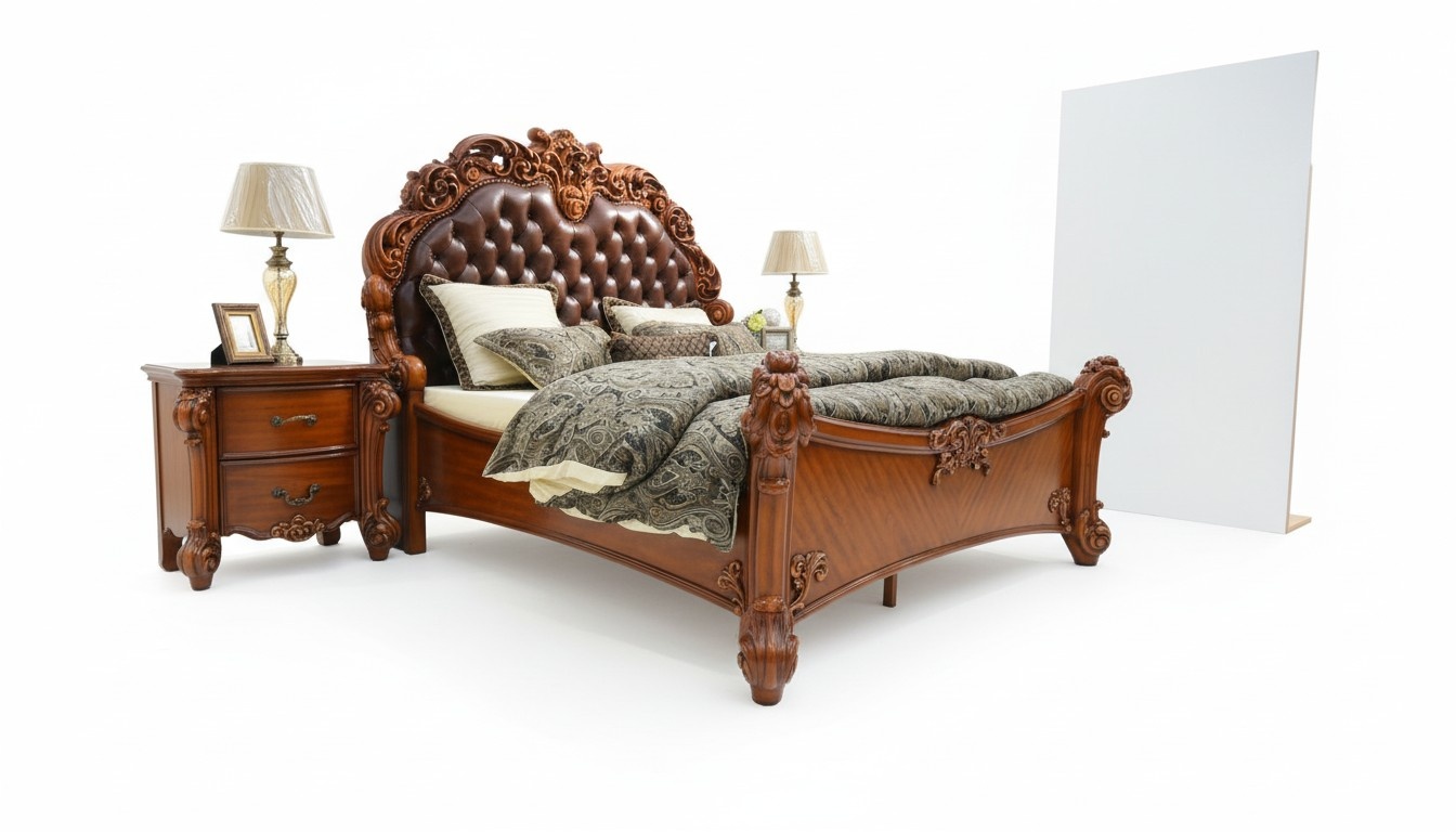 Baroque style made of real wooden massive double bed chesterfield design