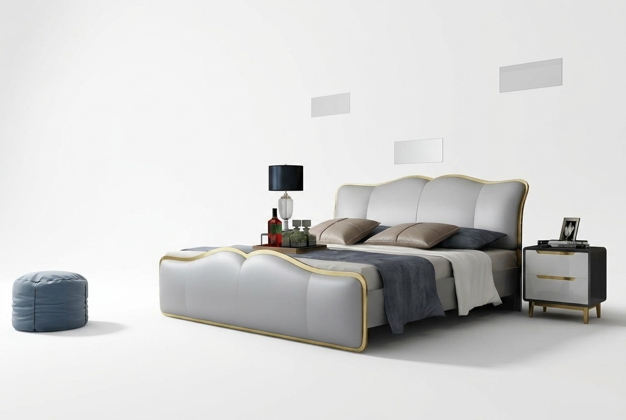 Designer leather double bed in modern style stainless steel made of real wooden frame